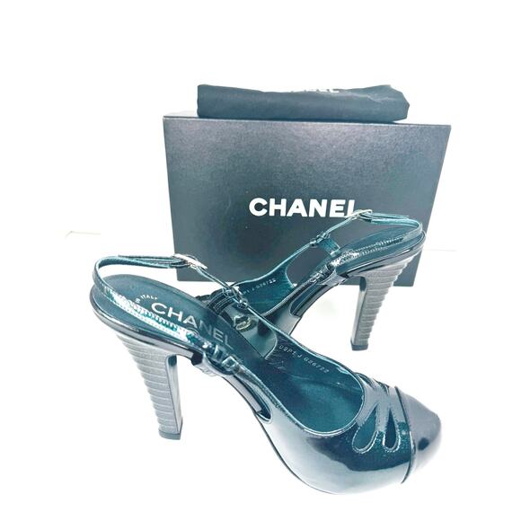 Chanel Forest Green Patent Slingback Pumps IT 38 2009 CC Logo Heels Vintage - Picture 4 of 10